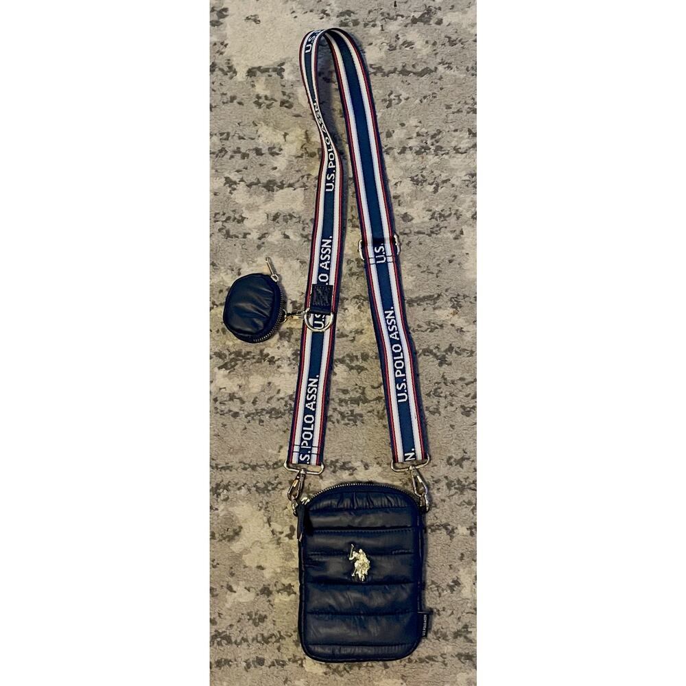 U.S. Polo Assn Navy Quilted Nylon Phone Crossbody Bag w Zipper Pouch